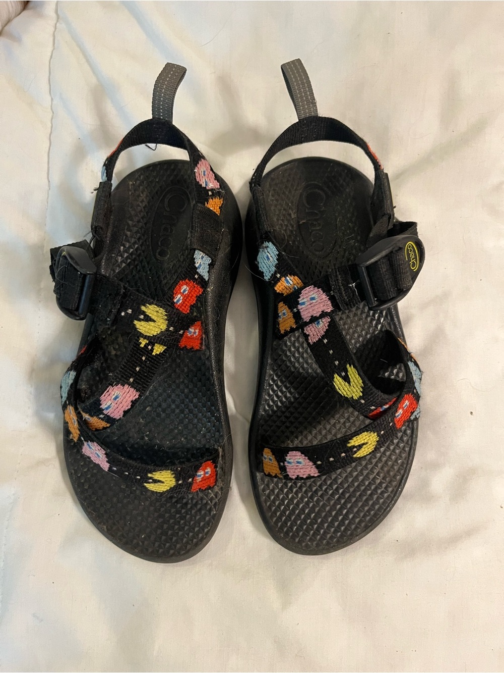 Chaco kids’ Black Sandals with Colorful Pac-Man Straps